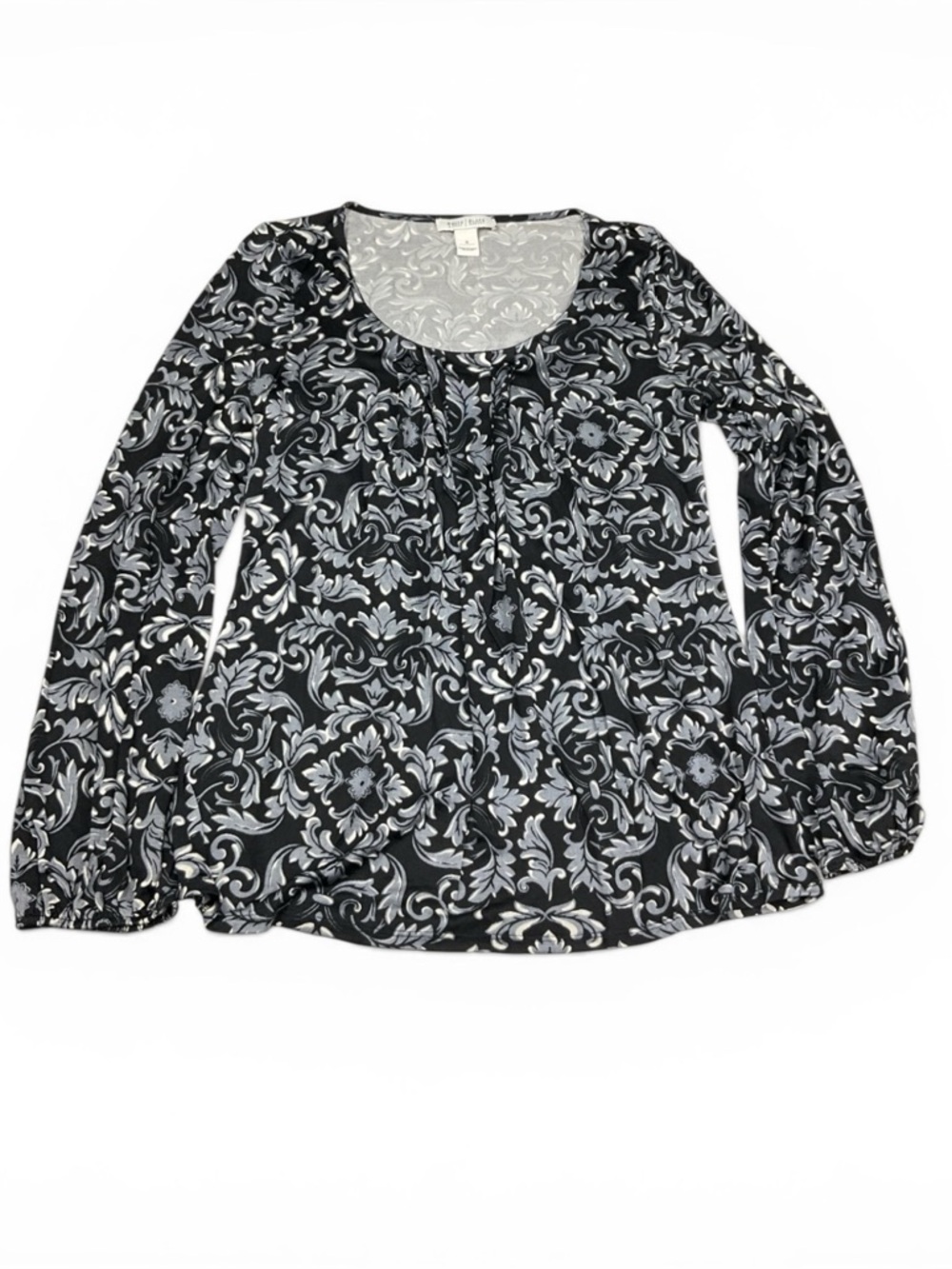 White House Black Market Pleated Blouse Silk Scroll Floral Long Sleeve Shirt S